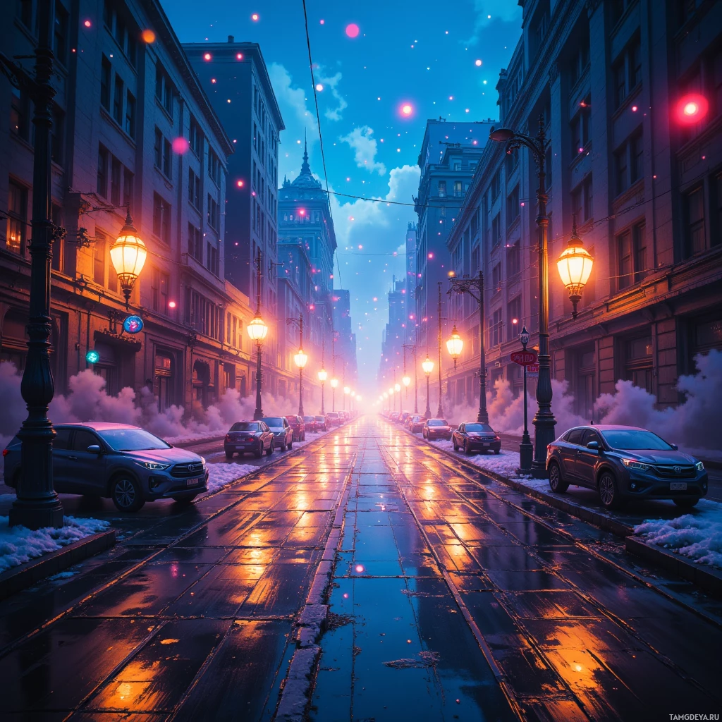 A city street at dusk with glowing streetlights and falling snowflakes.