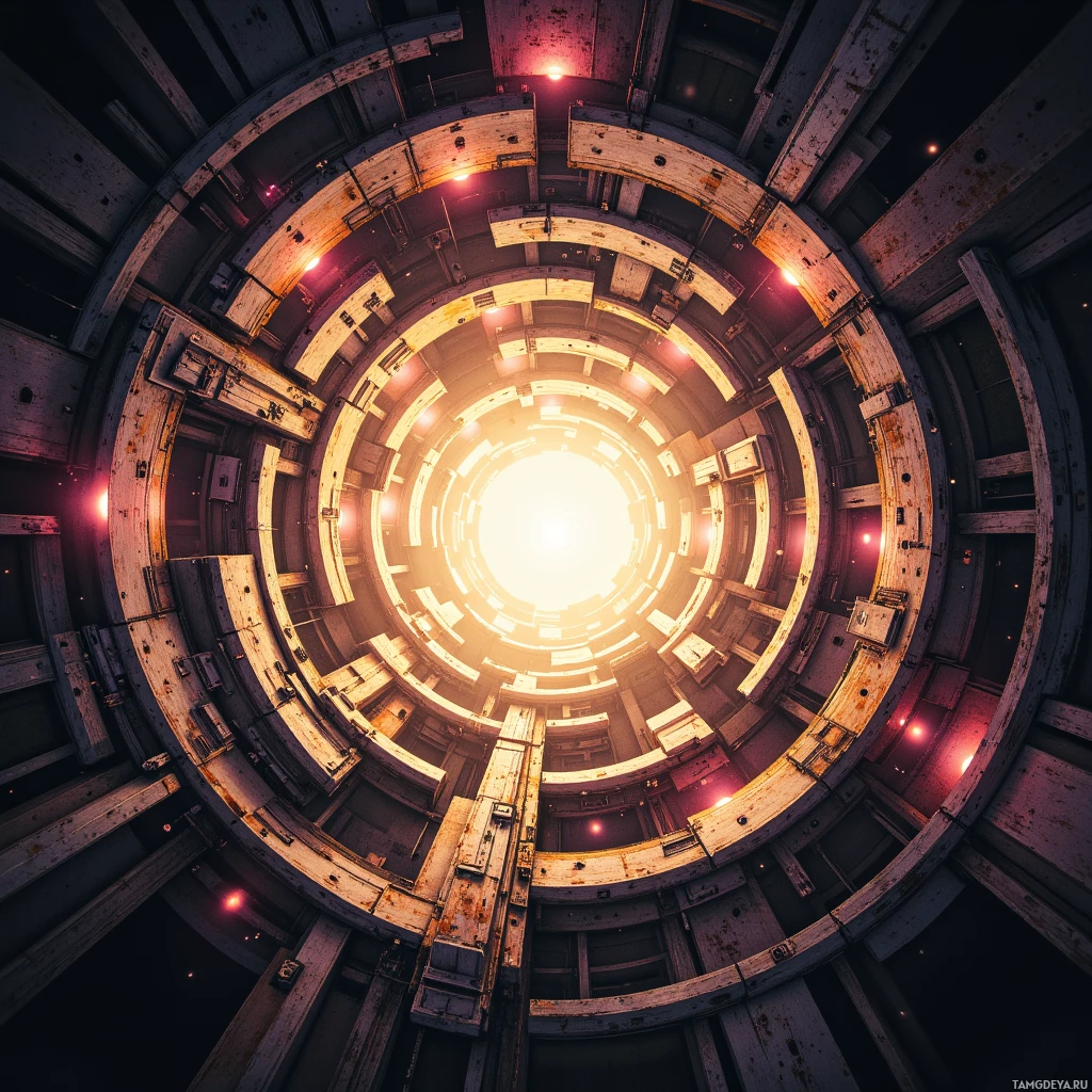 A circular, futuristic structure with glowing red lights and a bright light source at the center.