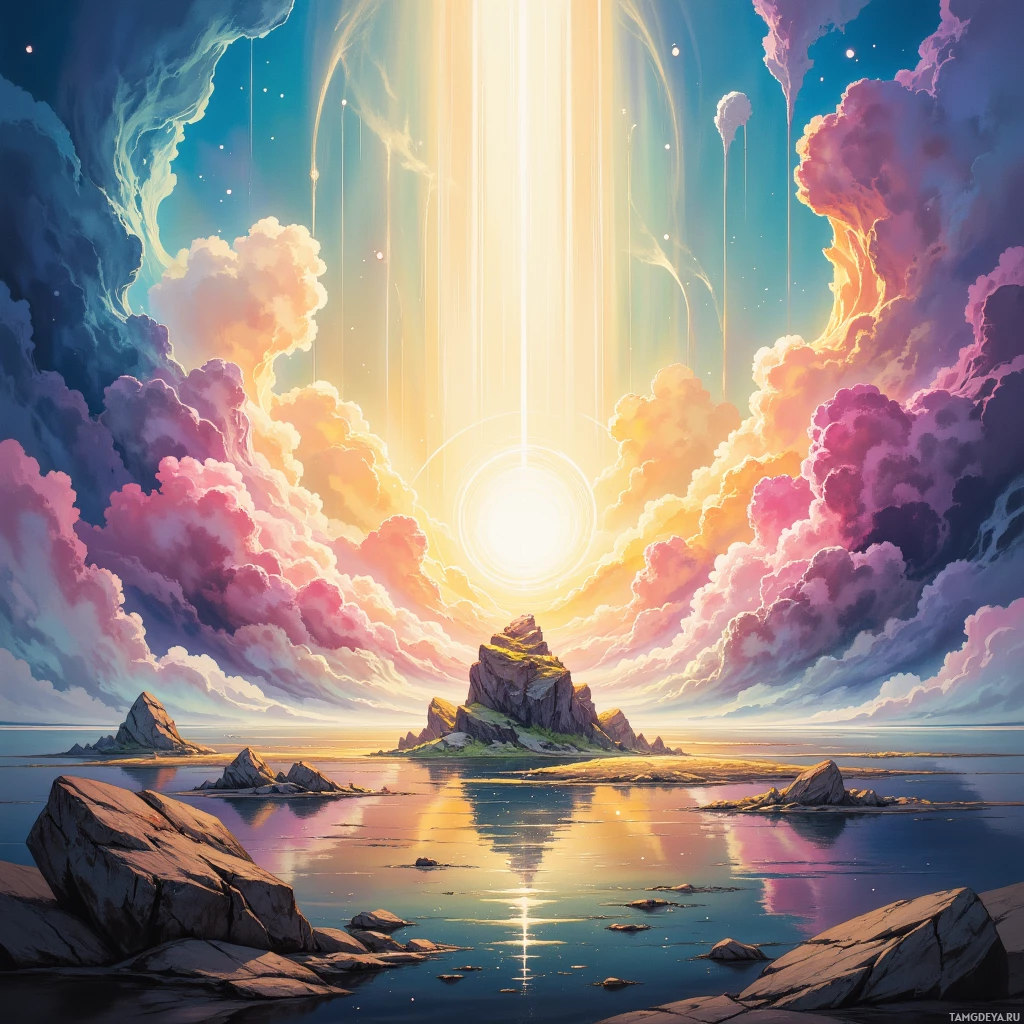 A serene landscape featuring a glowing sun, colorful clouds, and rocky formations reflected in calm waters.