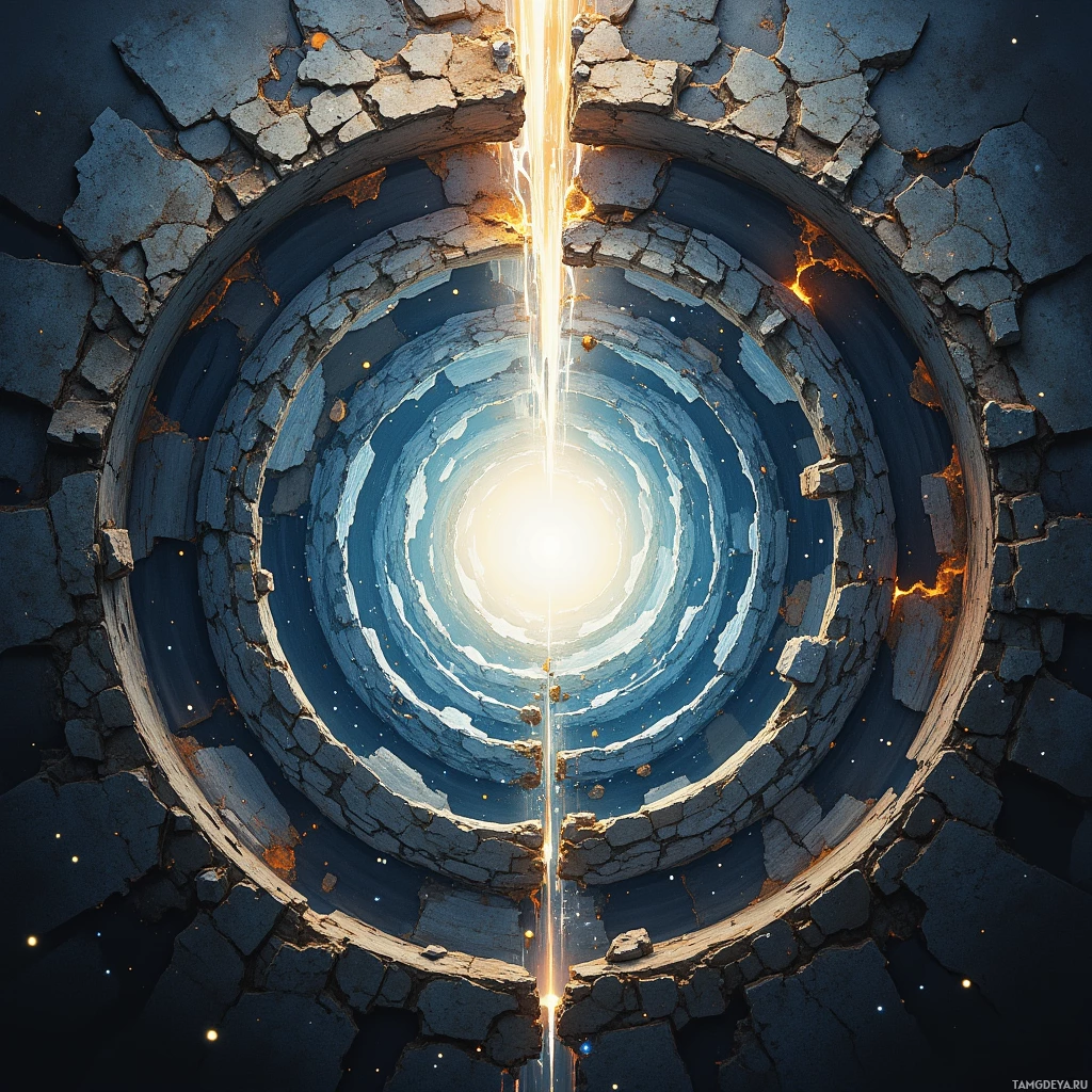 A circular, cracked stone structure with a glowing light at its center.