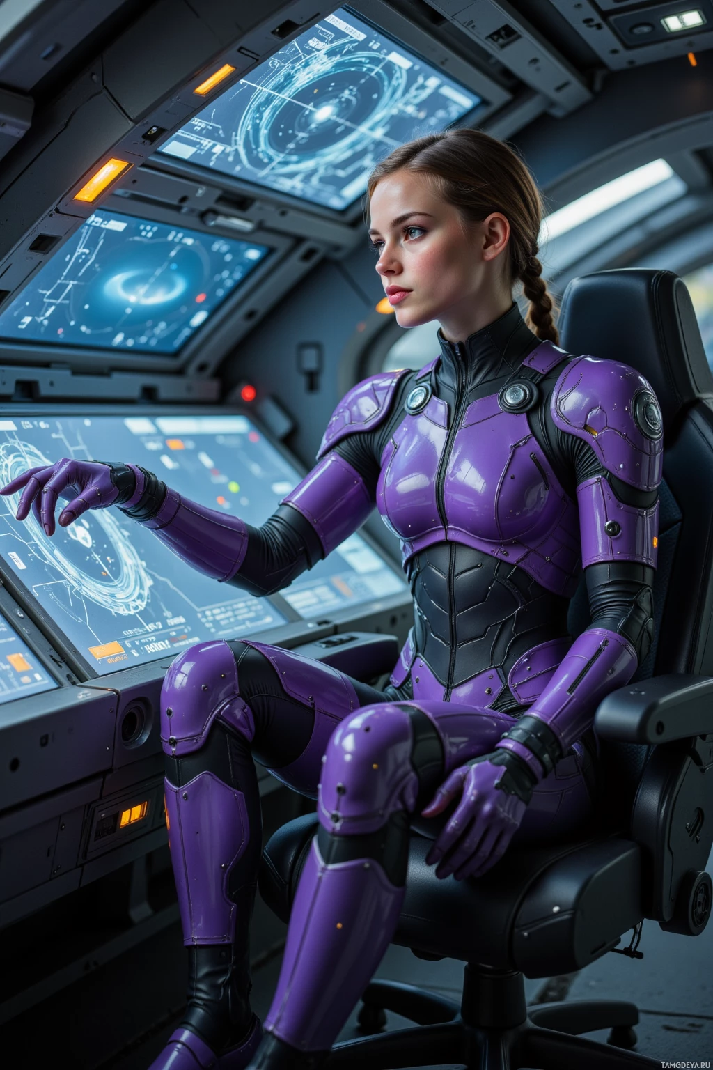 A person in a futuristic purple and black suit sits in a high-tech cockpit.
