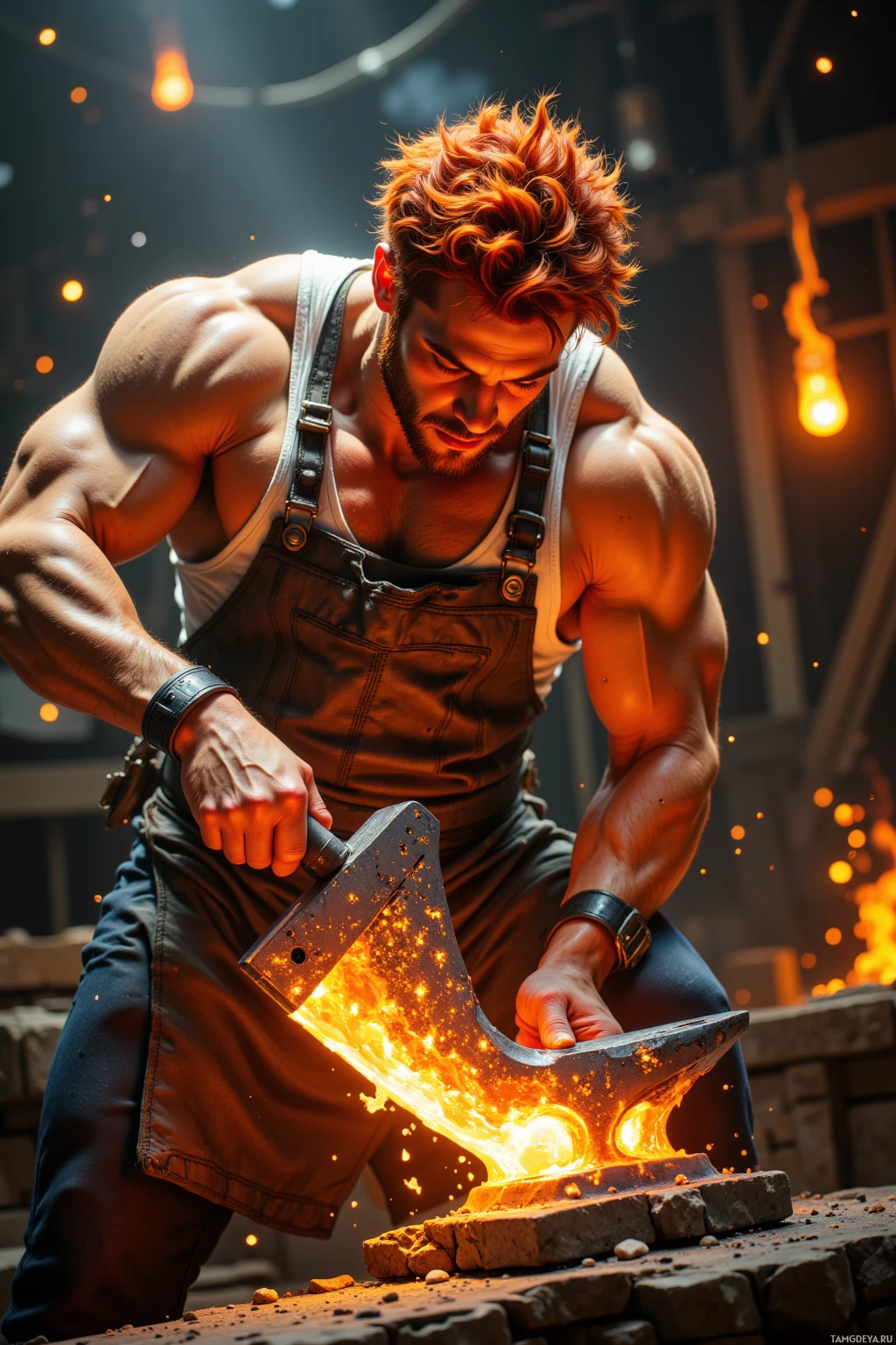 A muscular man in overalls is forging a glowing metal object in a workshop.