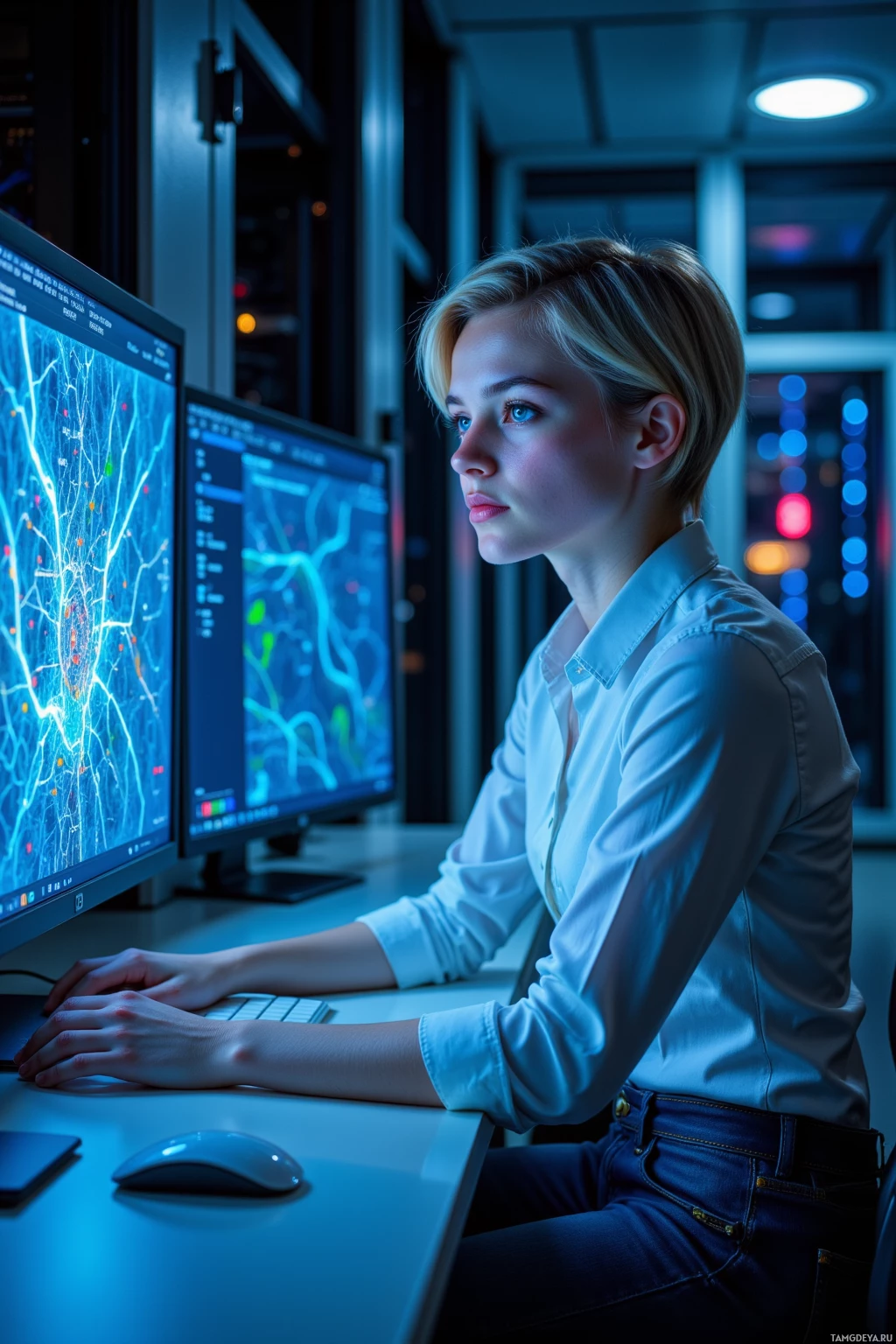 A person is working at a desk with two computer monitors displaying maps and data.