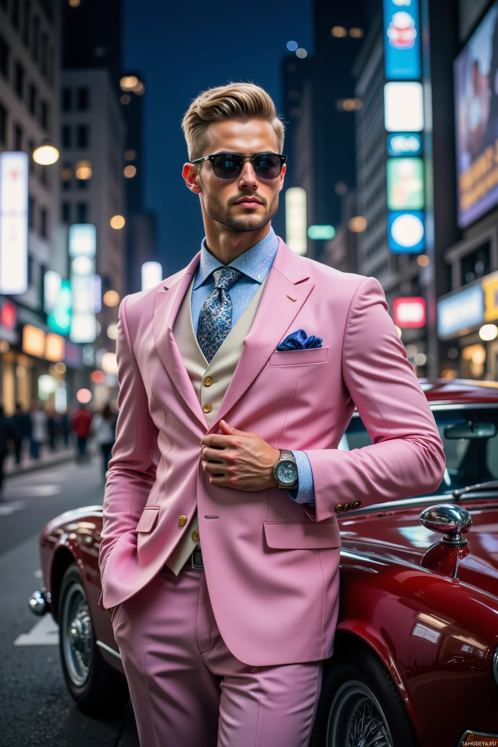 A stylish man in a pink suit stands on a city street at night.