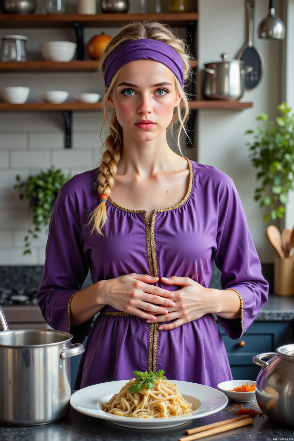 A woman in a purple dress stands in a kitchen with a plate of spaghetti in front of her.