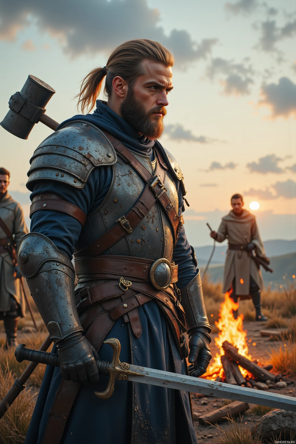 A knight in armor stands beside a campfire, with another figure in the background.