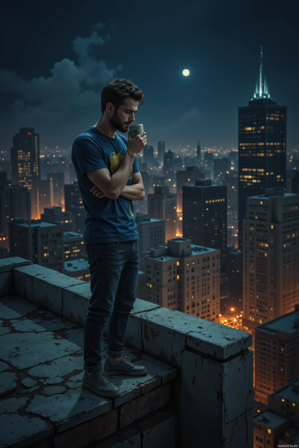 A man stands on a rooftop at night, holding a coffee cup, with a cityscape and a full moon in the background.