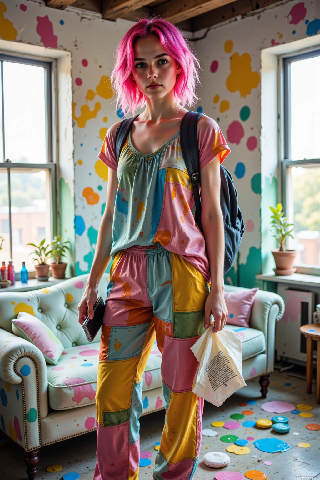 A person with pink hair stands in a colorful, splattered room holding a bag and a phone.
