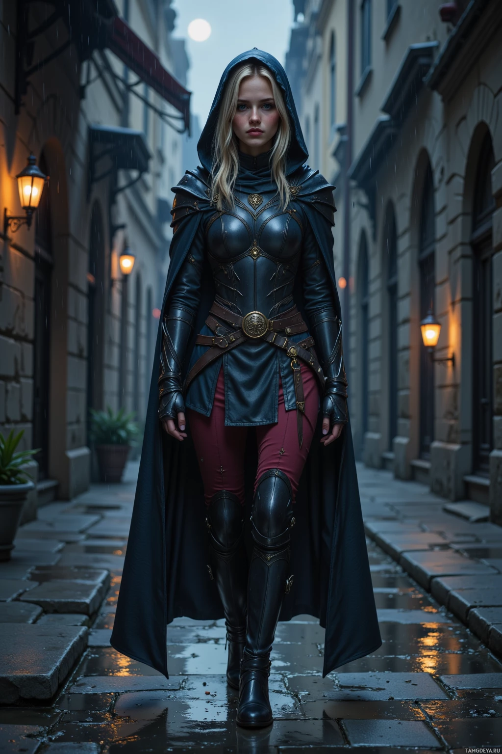 A woman in a dark, medieval-style outfit stands in a narrow, rainy alleyway.
