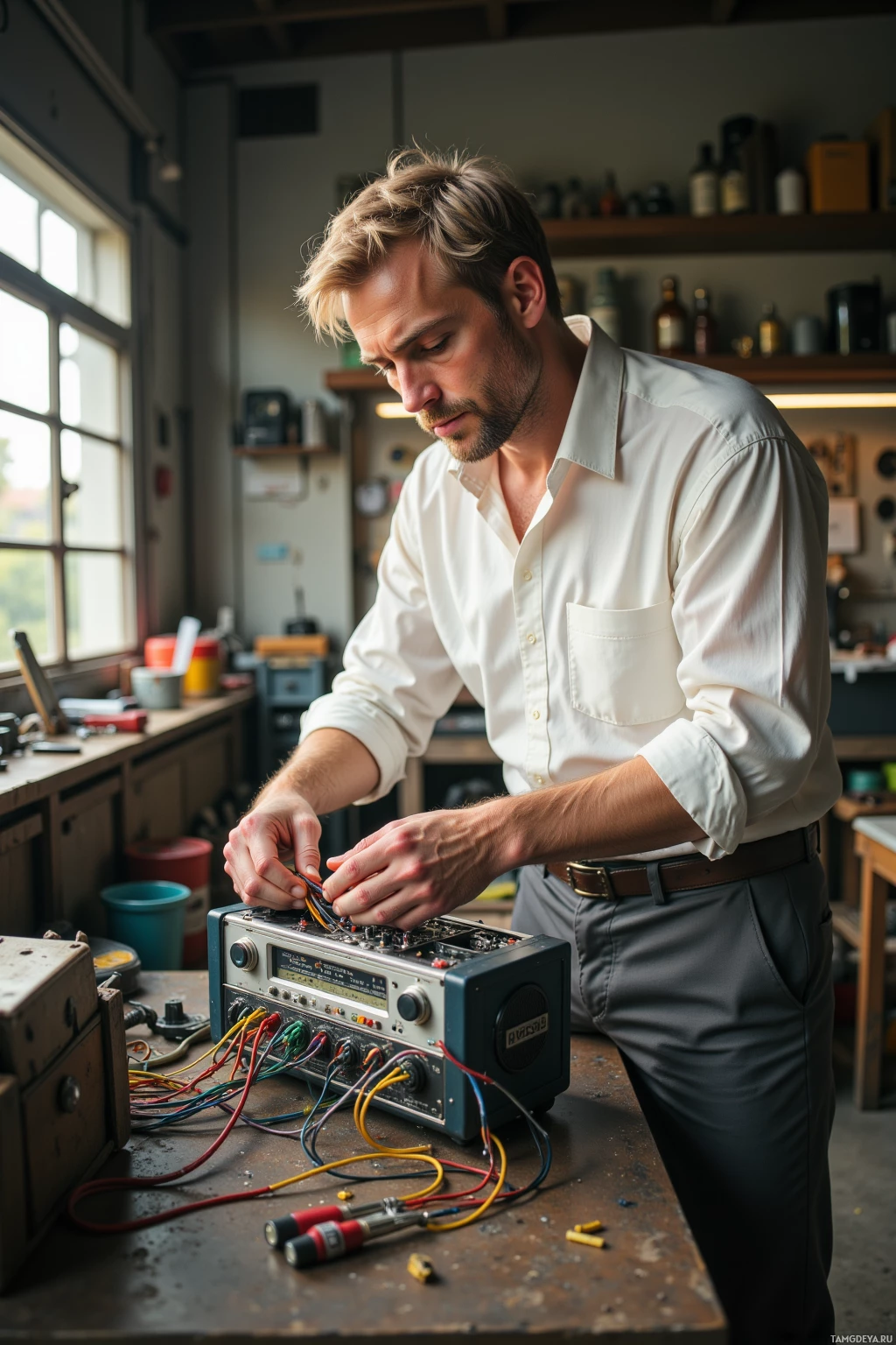 A man in a workshop is working on a radio with various wires and tools around him.