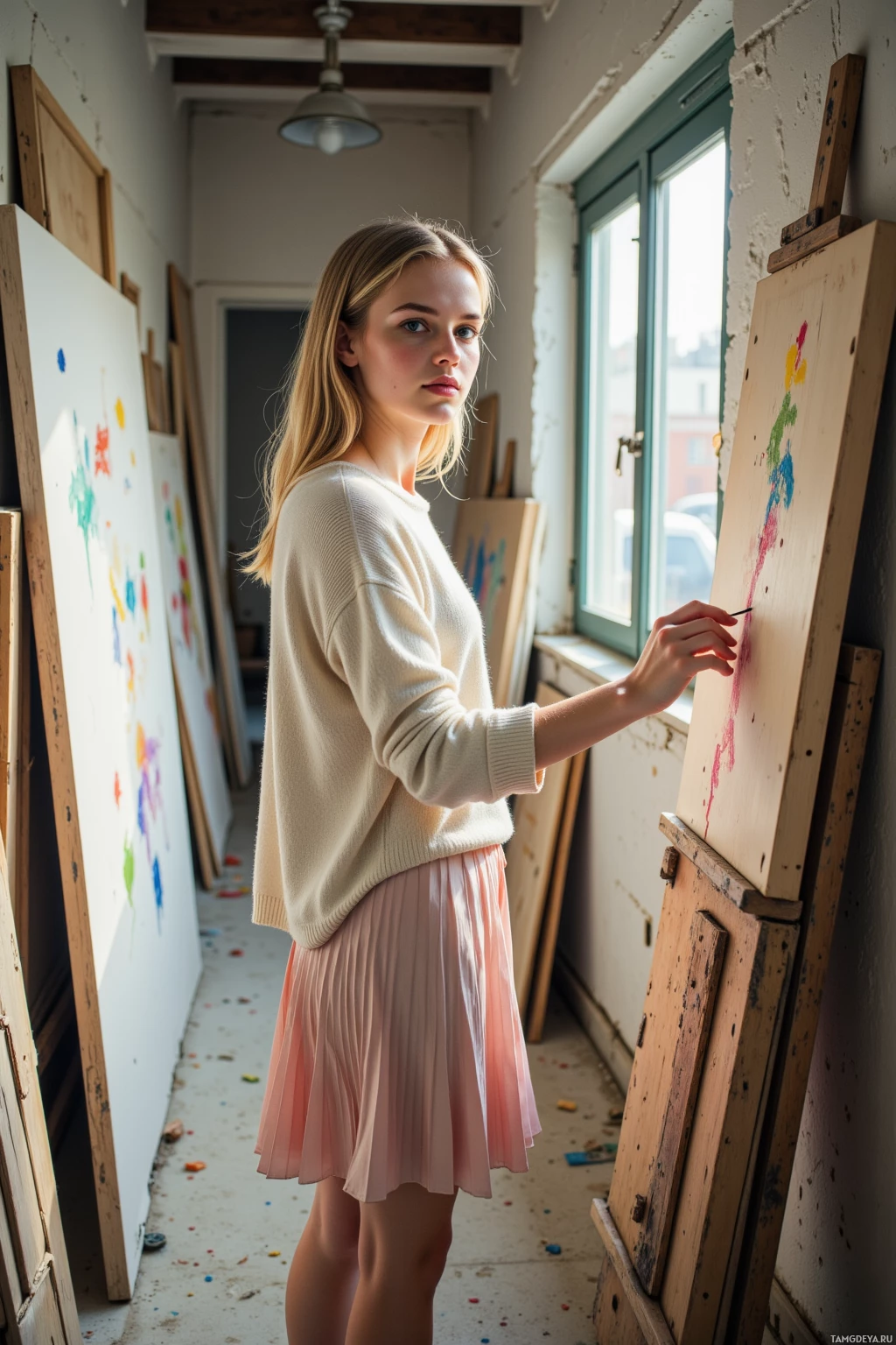 A person in a sweater and skirt stands in an art studio, holding a paintbrush near an easel.