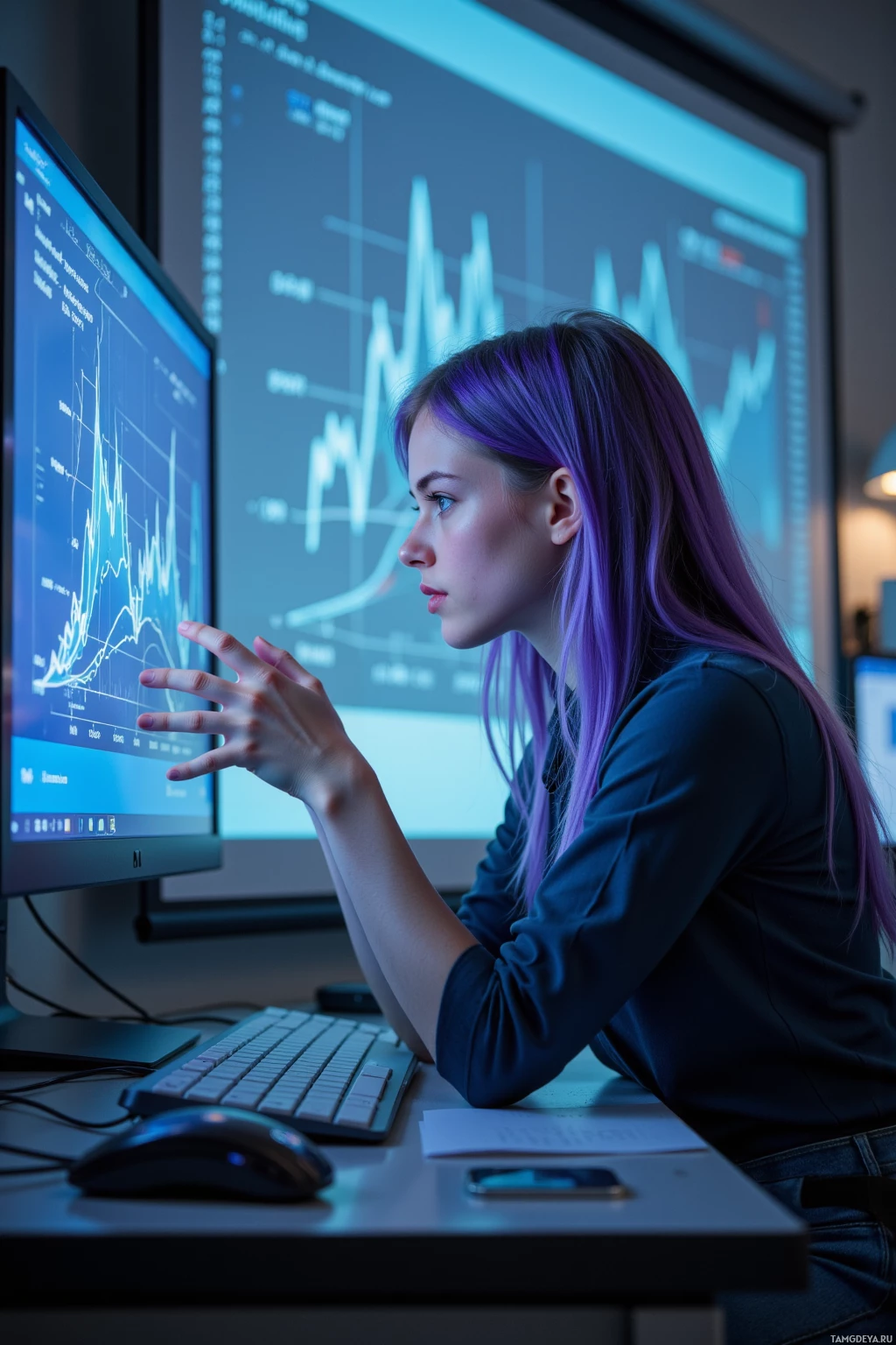 A person with purple hair is working at a desk with multiple computer screens displaying graphs and data.