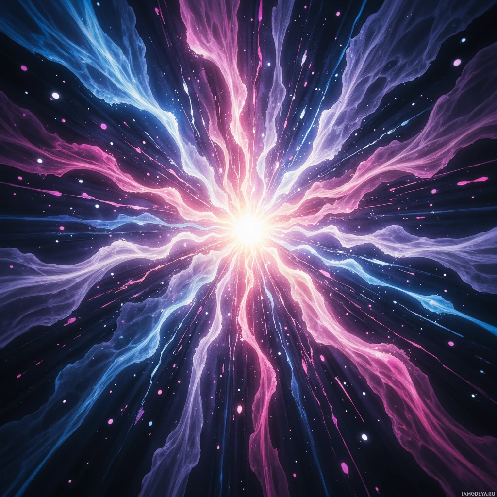 A vibrant cosmic explosion with pink, blue, and white energy streams radiating outward against a dark background.