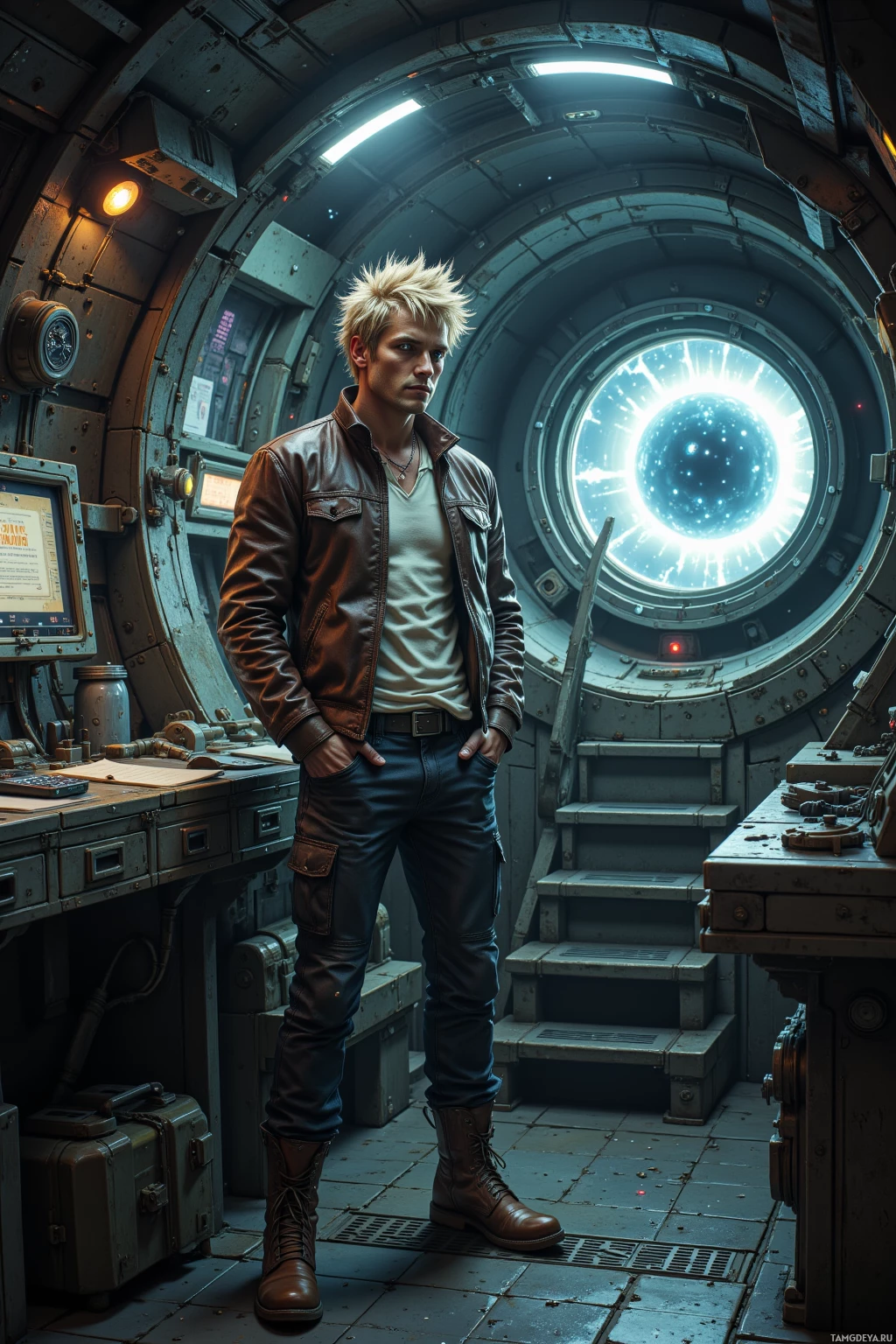 A person stands in a futuristic, metallic interior with a glowing circular window behind them.