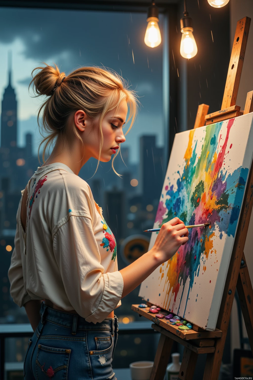 A woman paints on an easel with a cityscape in the background.