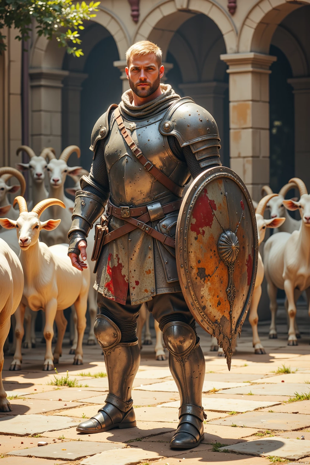 A knight in armor stands in front of a group of goats, with a stone building in the background.