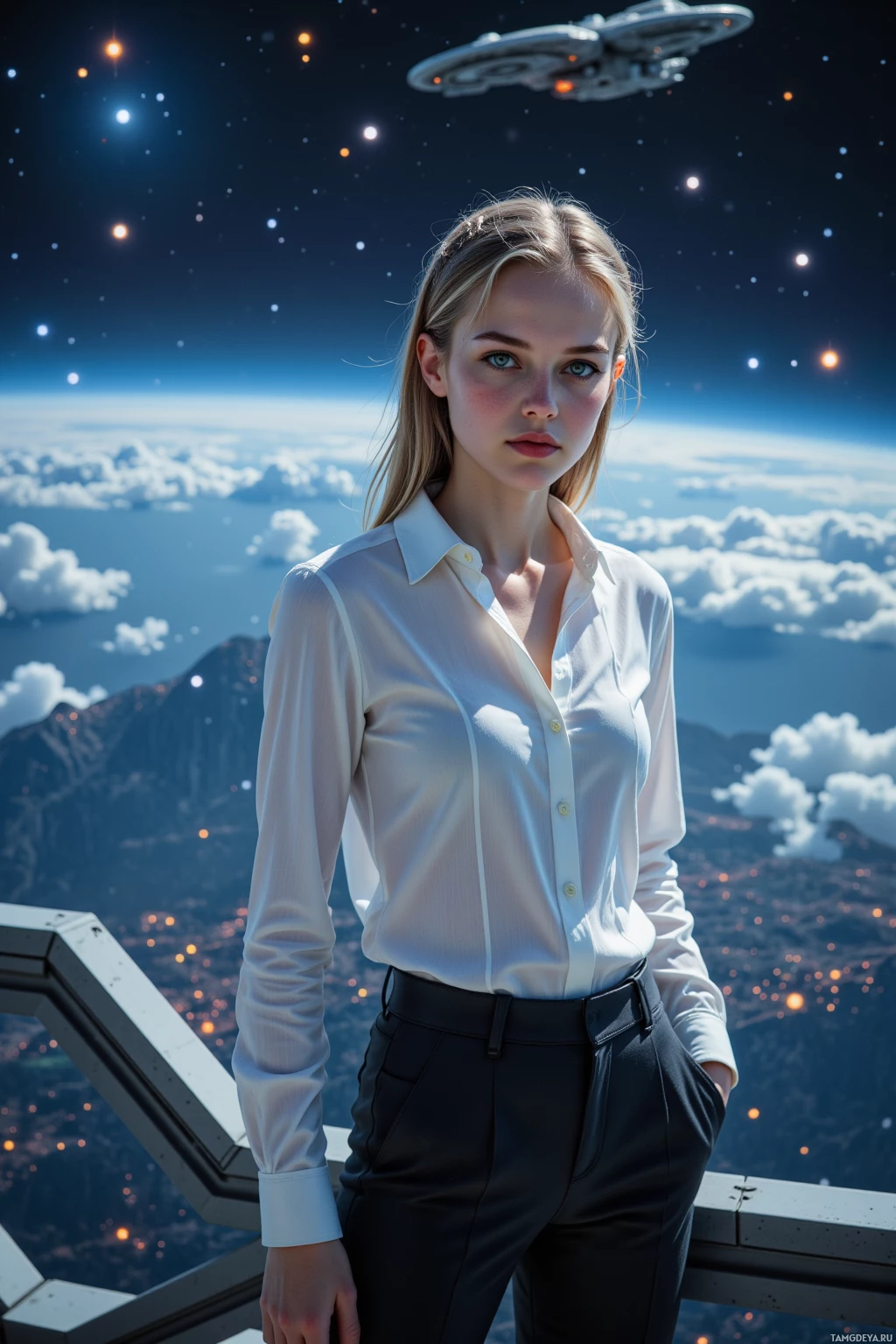 A woman in a white shirt and black pants stands on a platform overlooking a cityscape and night sky.