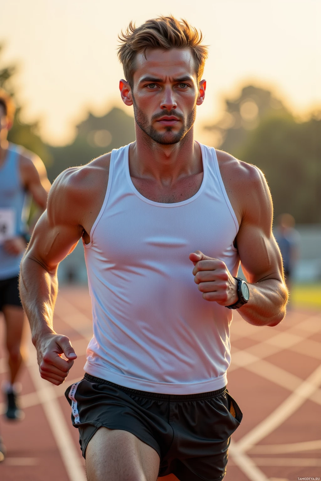 A man in a white tank top and black shorts is running on a track.