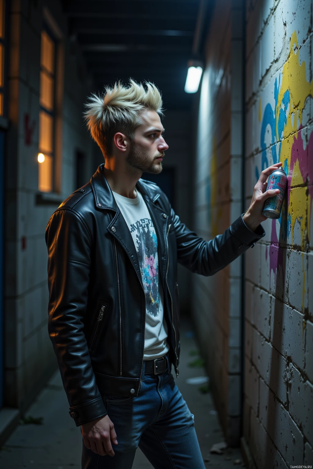 A person in a leather jacket and jeans stands in a dimly lit alleyway, holding a spray paint can.