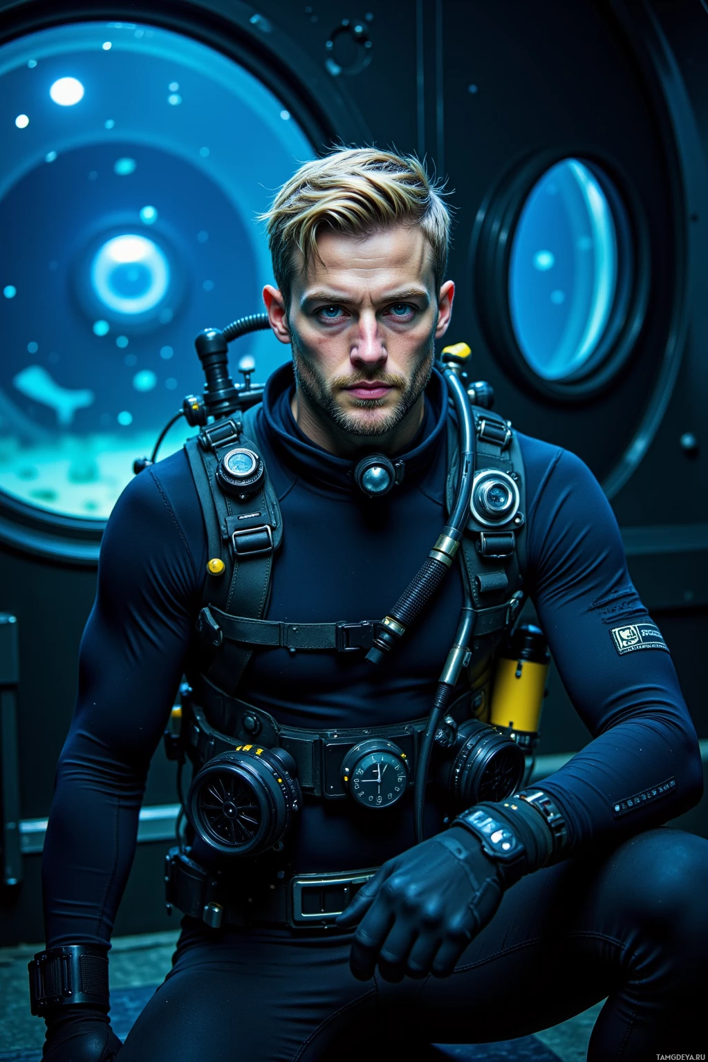 A person in a futuristic scuba diving suit with a breathing apparatus.