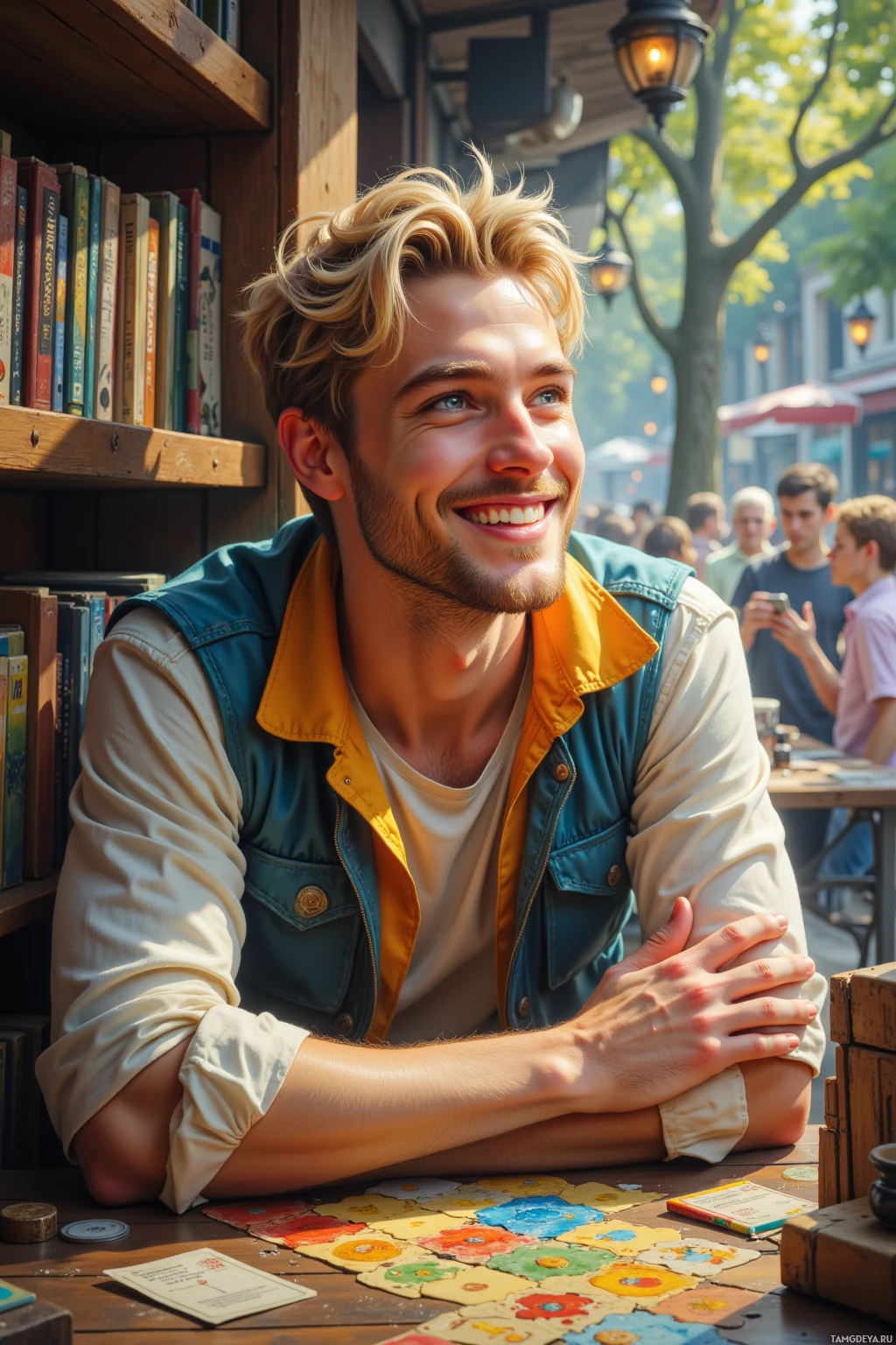 A man with blonde hair and a beard smiles while sitting at a table with a colorful board game.