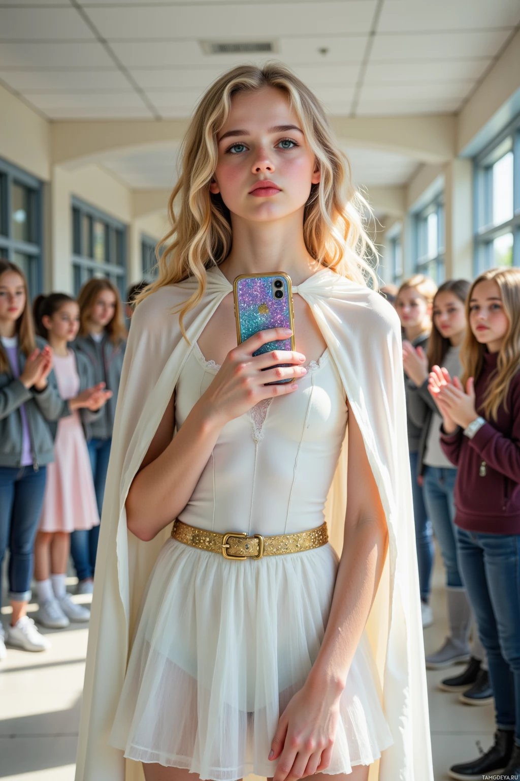 A young woman in a white dress and cape takes a selfie in a hallway with others clapping in the background.