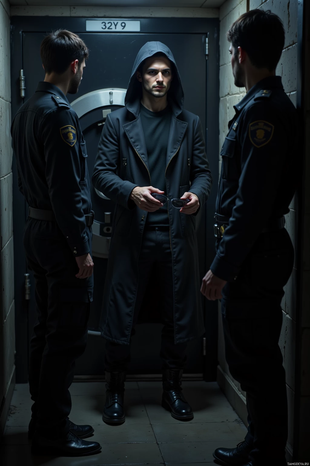 Three individuals in a dimly lit corridor, two in uniform and one in dark clothing.