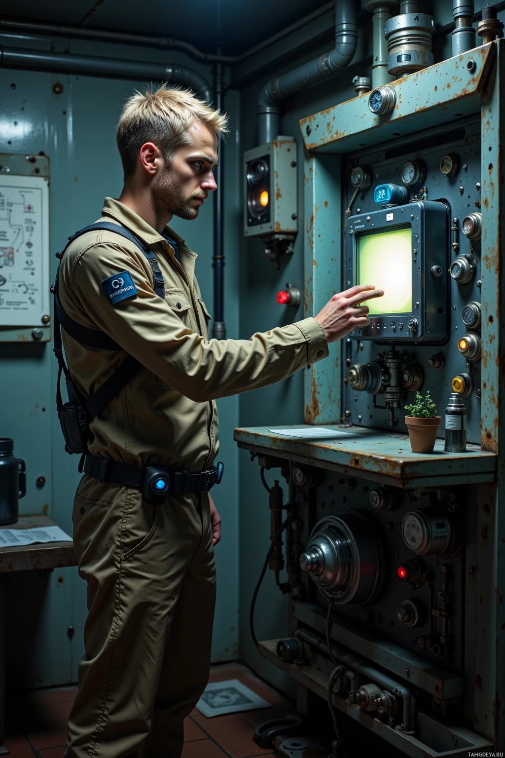 A person in a uniform interacts with a control panel in a dimly lit industrial setting.