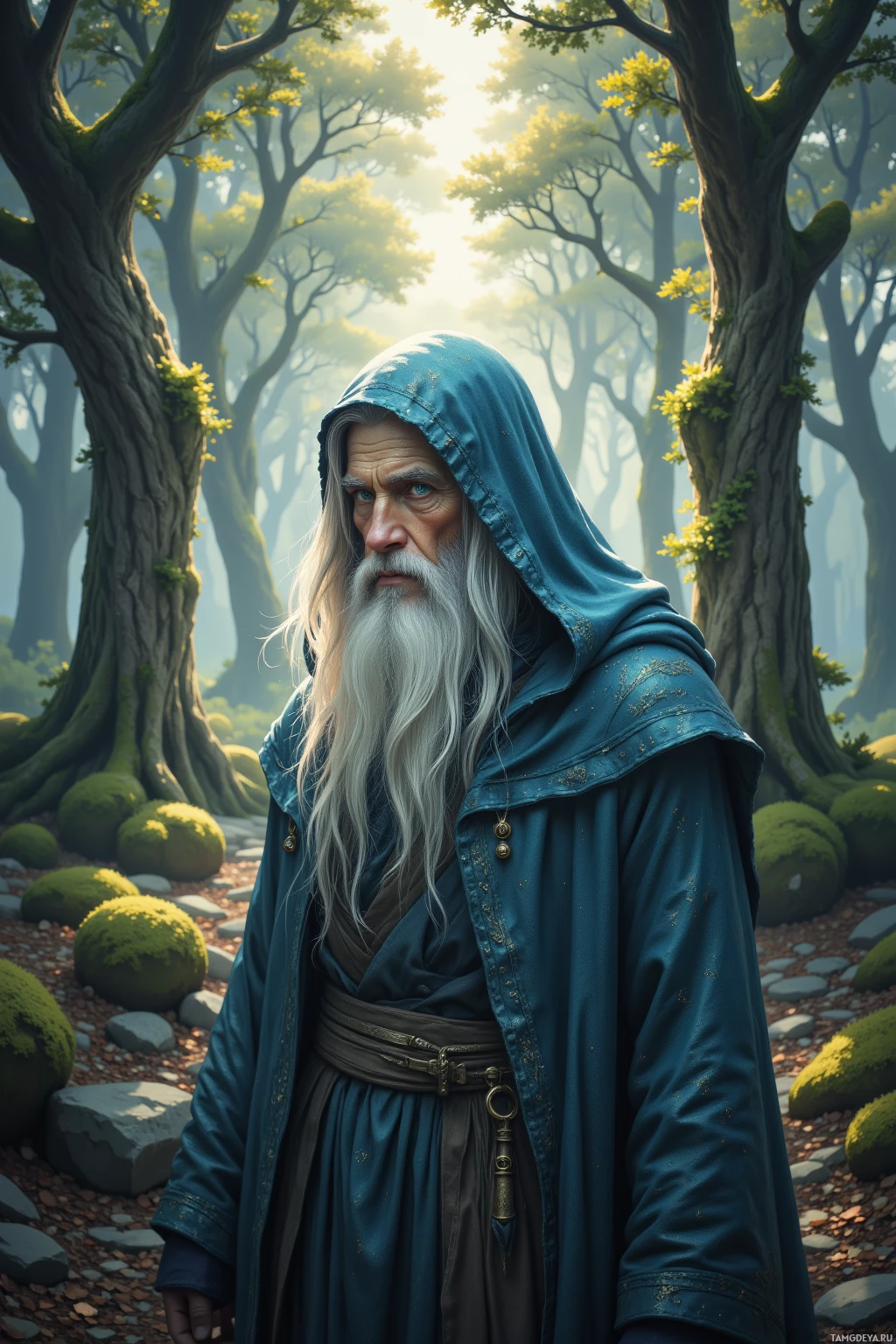 An elderly man with a long white beard and blue hooded cloak stands in a forest.