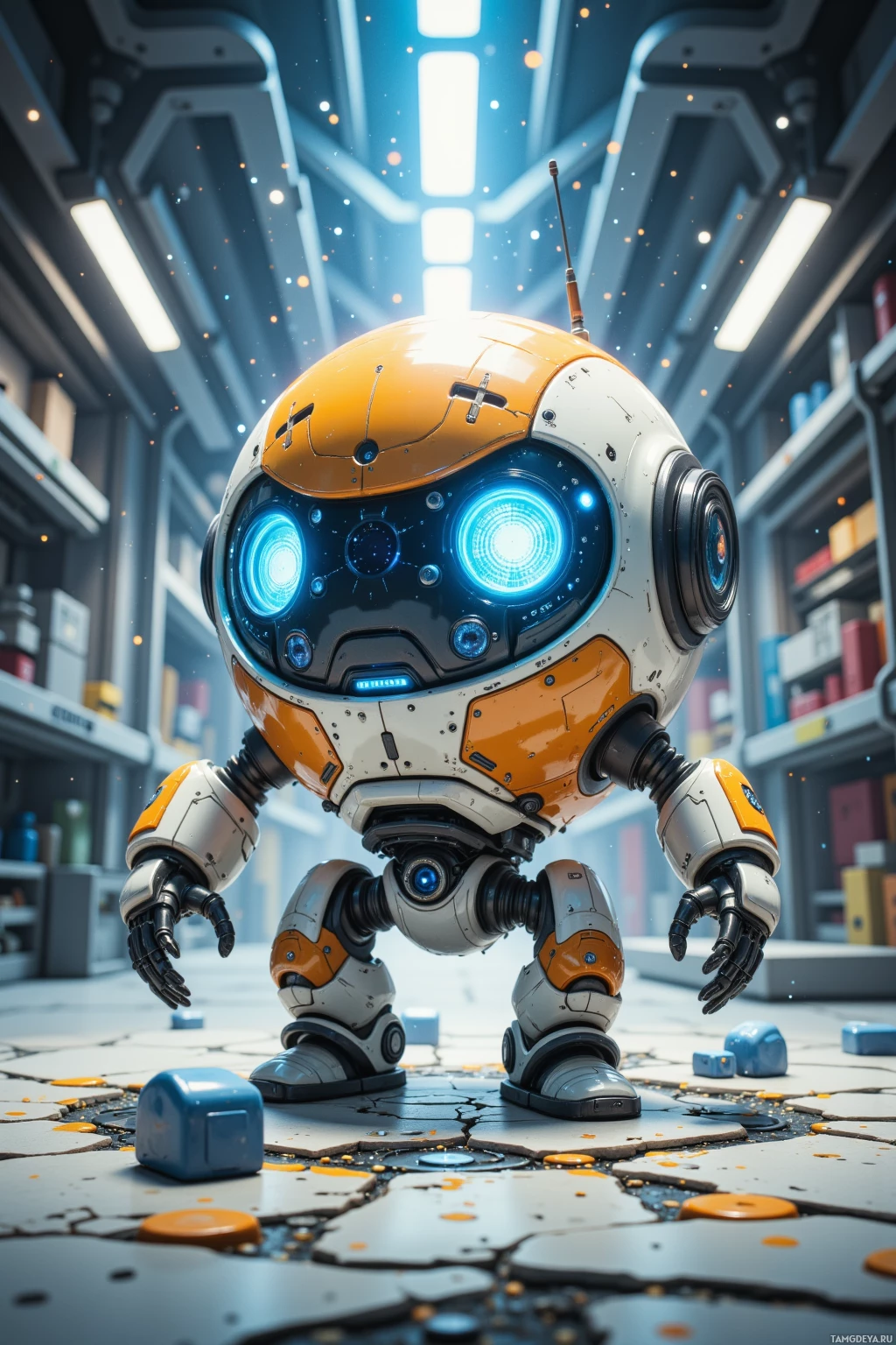 A futuristic robot with glowing blue eyes stands in a high-tech environment.
