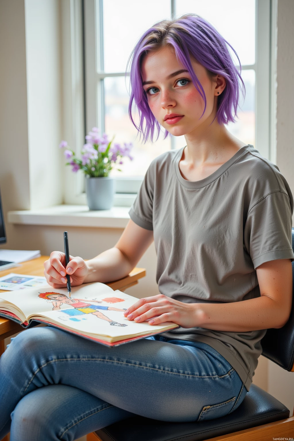 A person with purple hair sits at a desk, drawing in a notebook.
