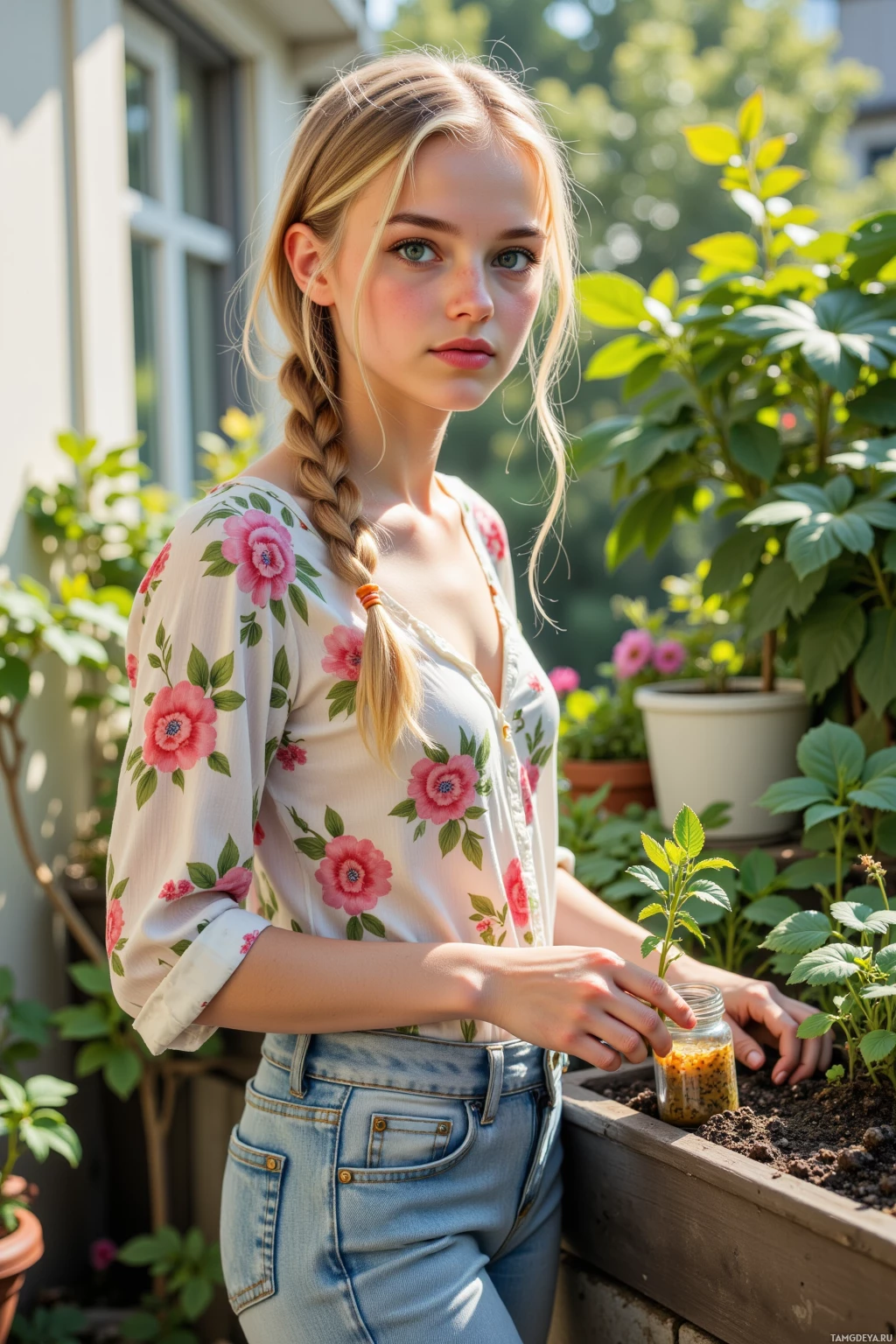 A young woman in a floral blouse and jeans stands outdoors near a garden, holding a small plant.