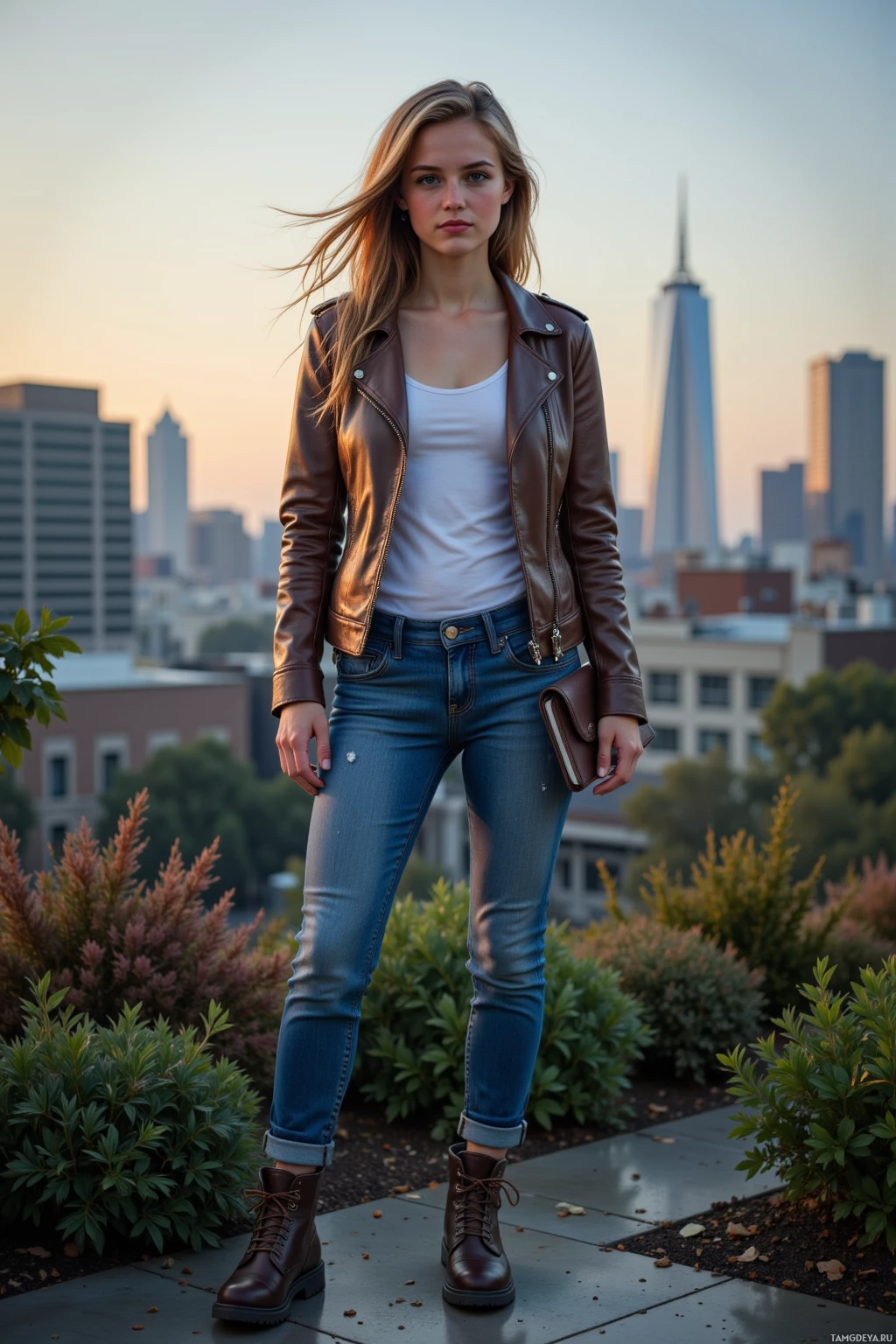 A woman stands on a rooftop with a city skyline in the background, wearing a brown leather jacket, white tank top, blue jeans, and brown boots.
