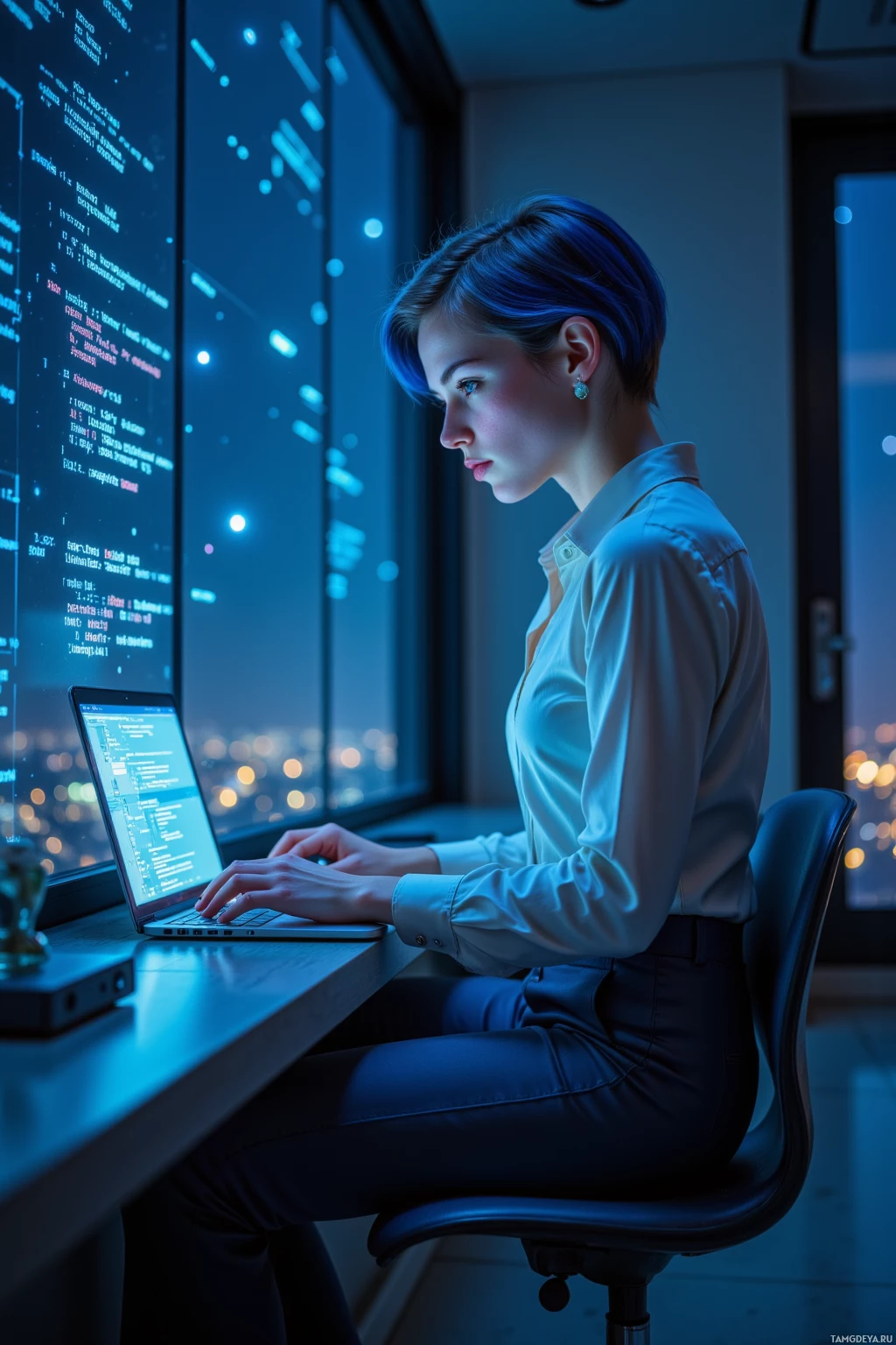 A woman is working on a laptop in a dimly lit office with a cityscape view.