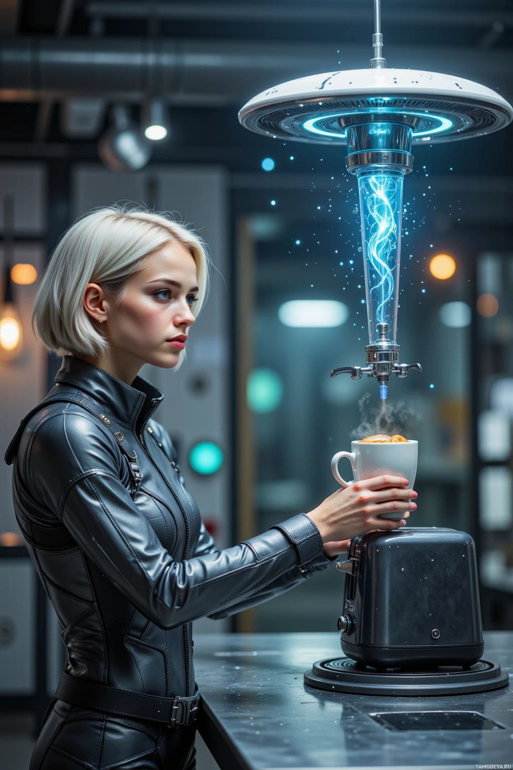 A person in a leather outfit interacts with a futuristic device emitting blue light.