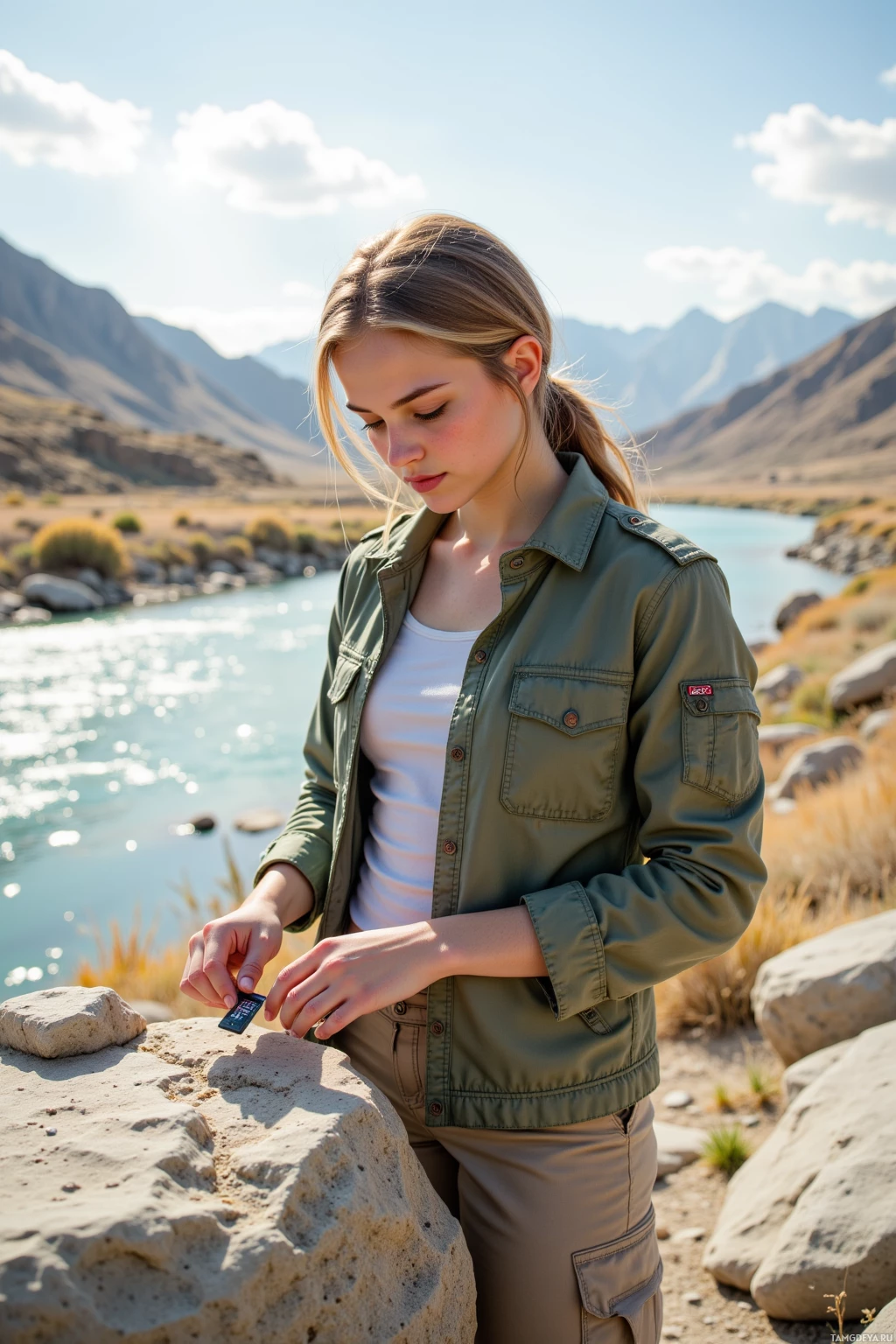 A person in a green jacket stands near a river with mountains in the background.