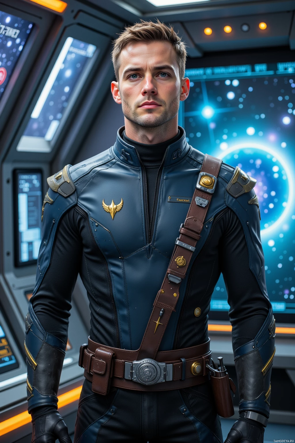 A person in a futuristic, armored suit stands in a high-tech environment.