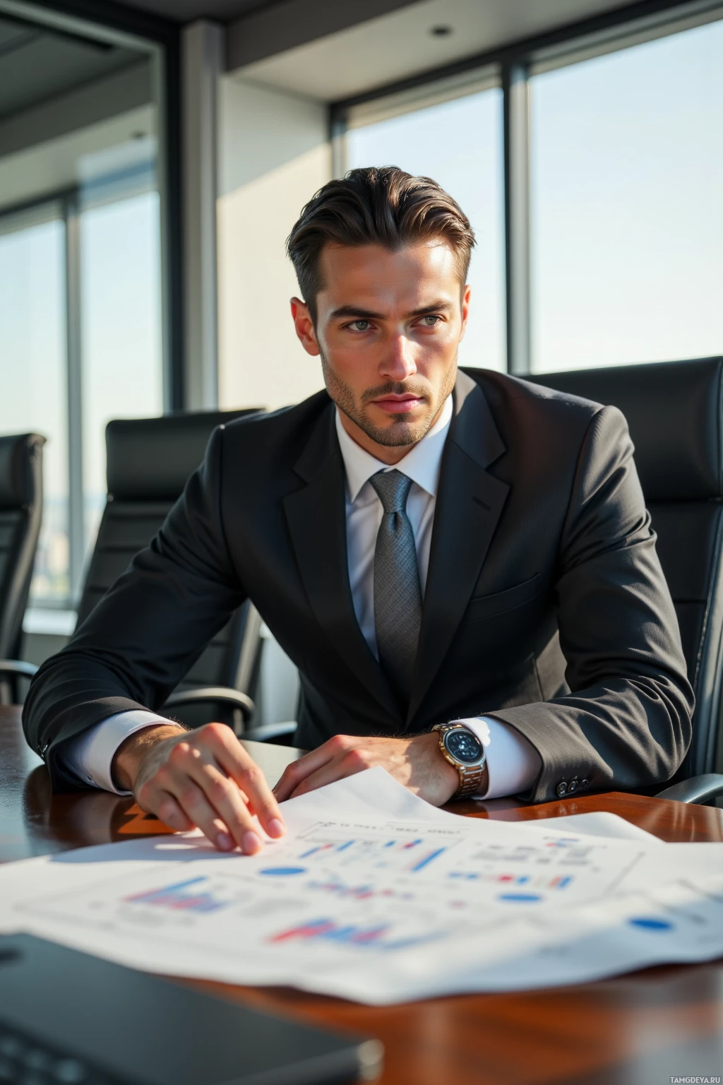 A man in a suit sits at a desk with documents in front of him.