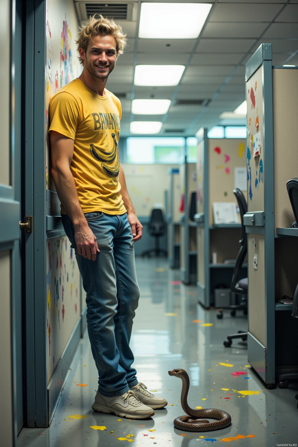 A man in a yellow banana t-shirt stands in an office hallway with a snake on the floor.