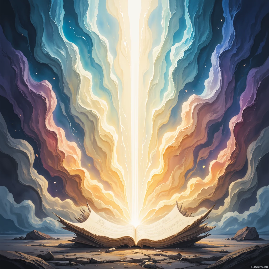 An open book with glowing pages radiating light, set against a cosmic sky.