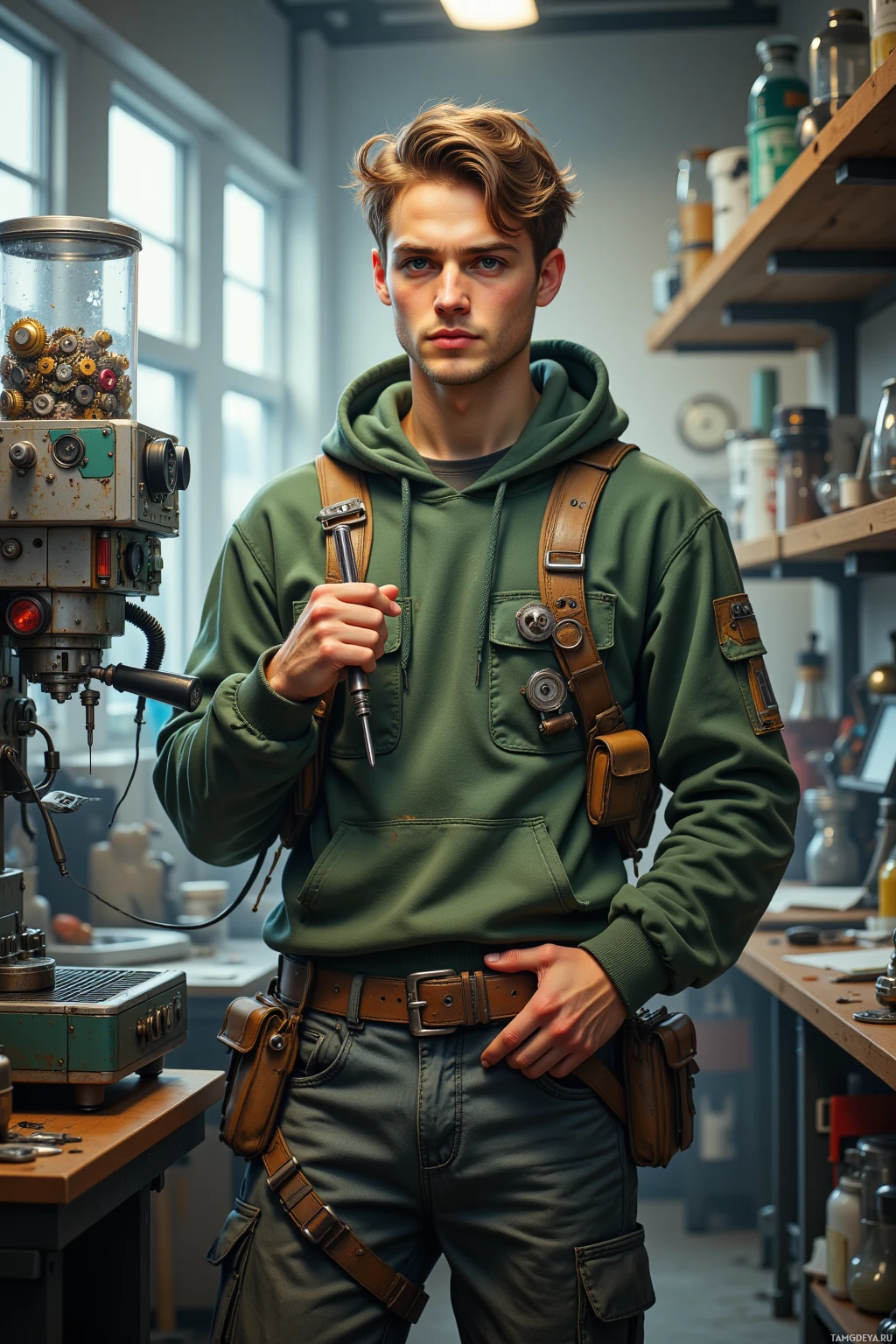 A person in a workshop setting, wearing a green hoodie and utility belt, holding a tool.