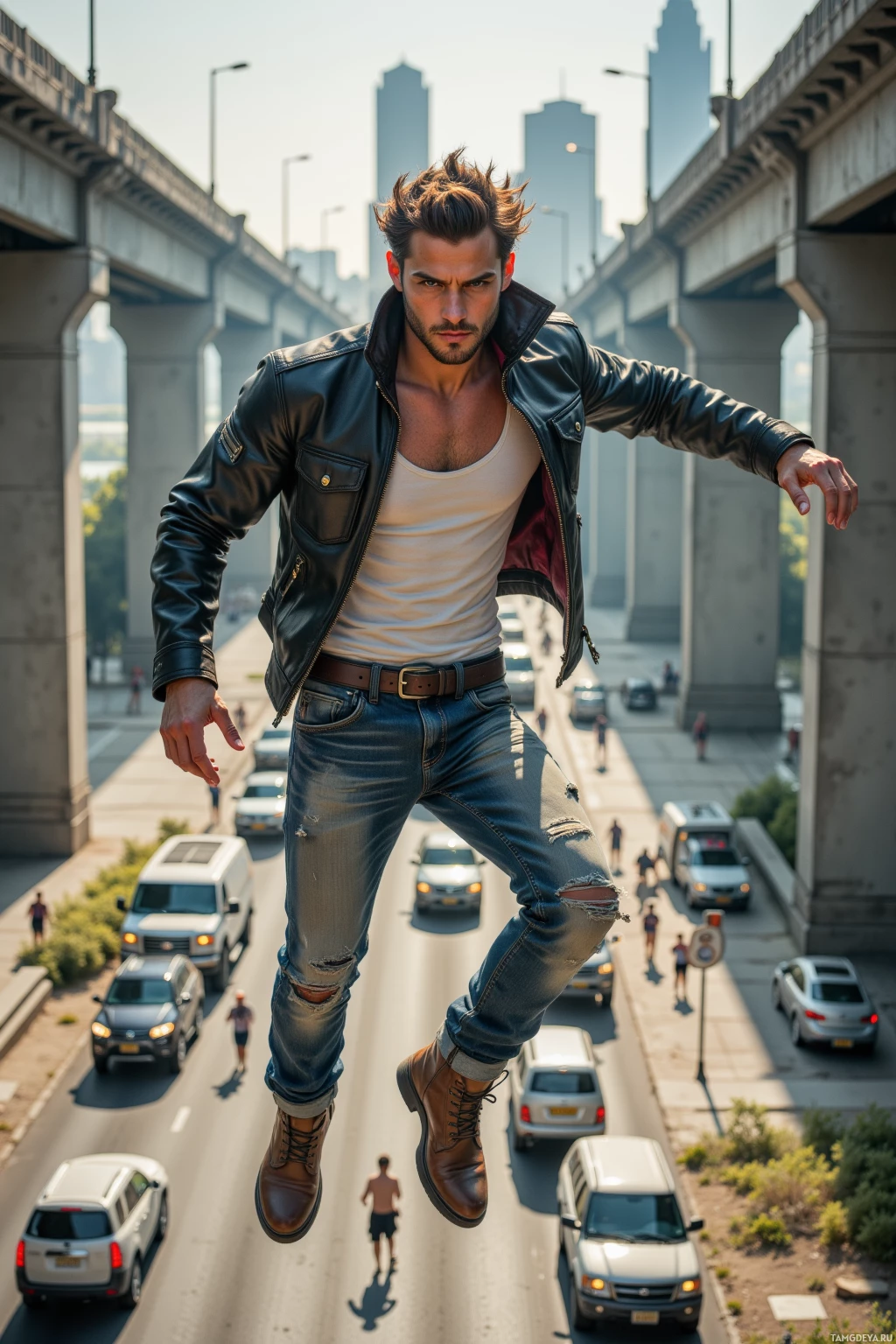 A man in a leather jacket and jeans is suspended mid-air above a busy city street.