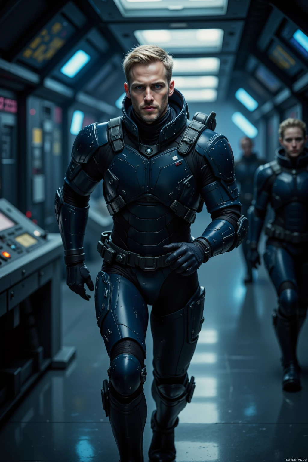 A person in futuristic armor walks through a dimly lit, high-tech corridor.