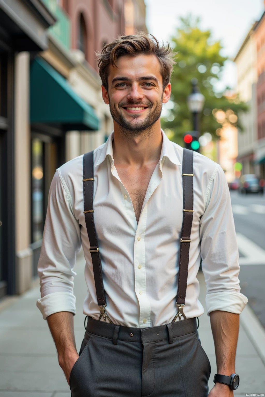 A man in a white shirt and suspenders stands on a city street.