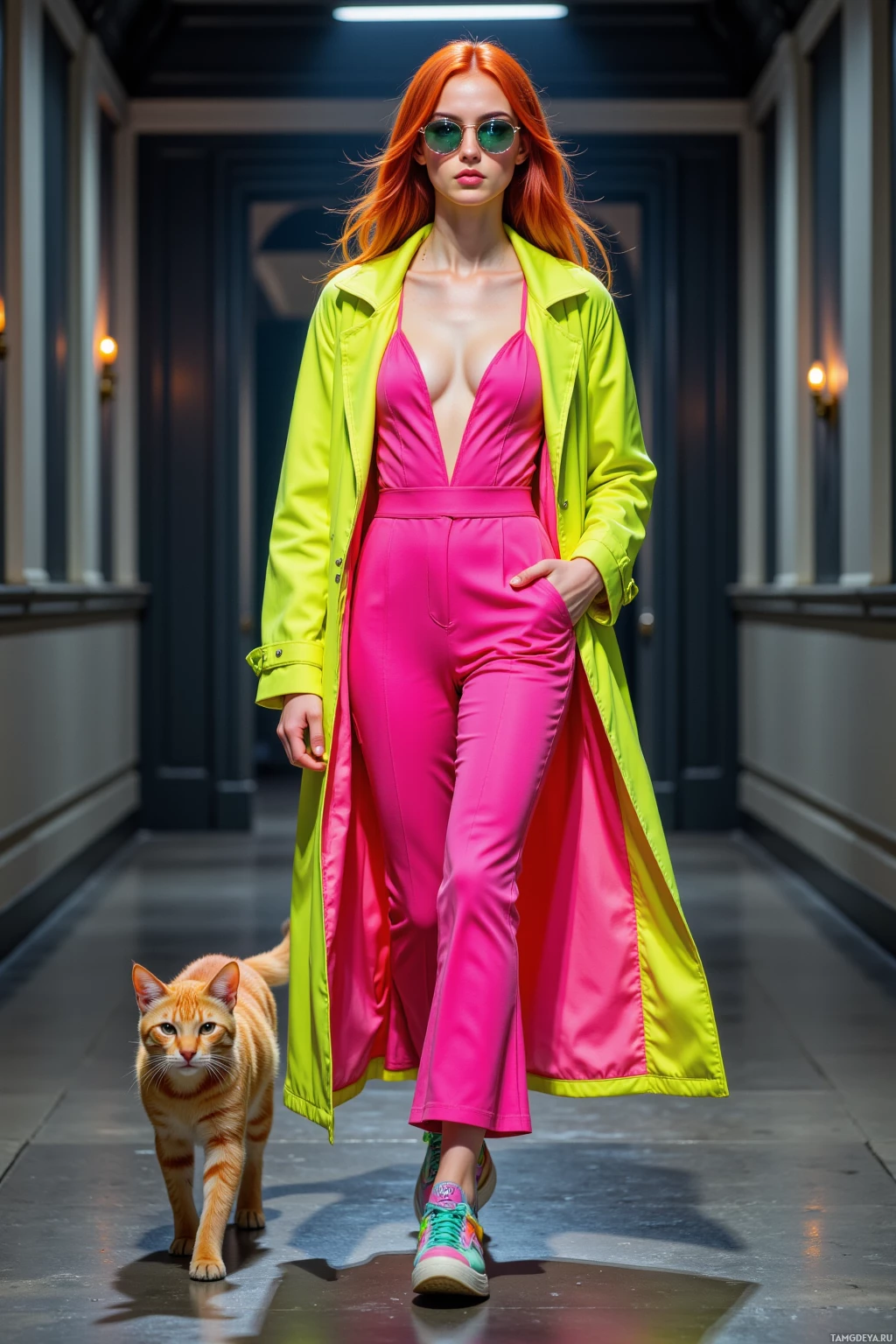 A woman in a bright neon outfit walks down a hallway with a cat following her.