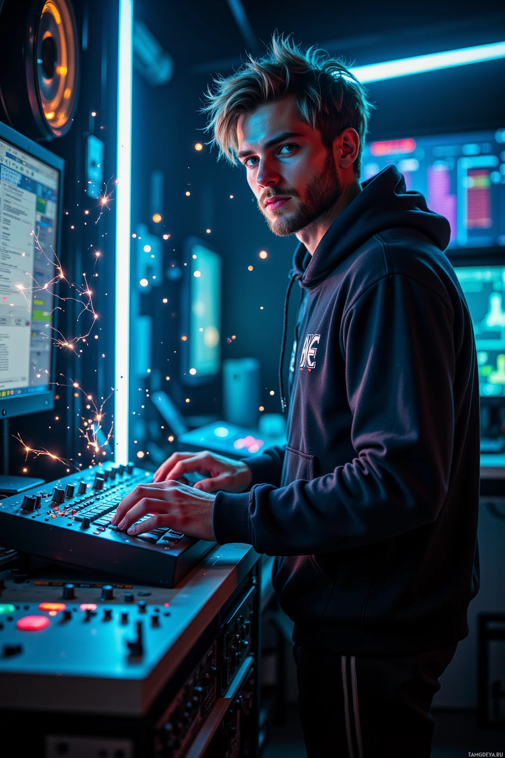 A person in a hoodie stands in a dimly lit room with neon lights, interacting with a control panel.