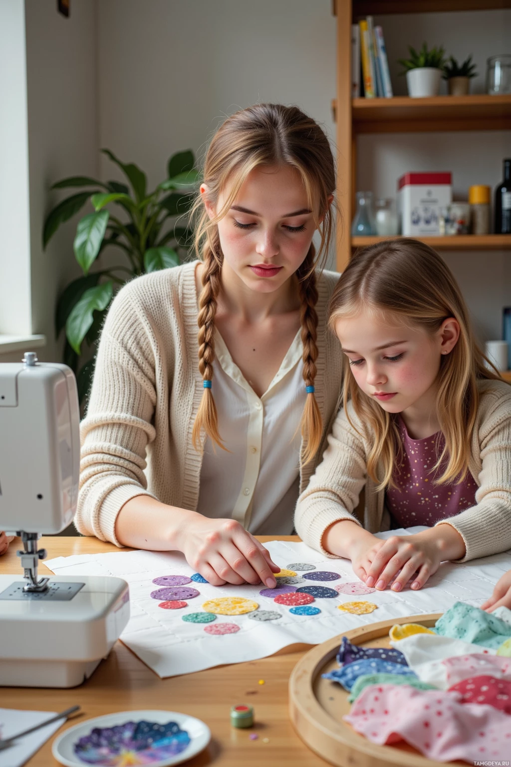 Two individuals are engaged in a crafting activity at a table, surrounded by sewing materials and a sewing machine.