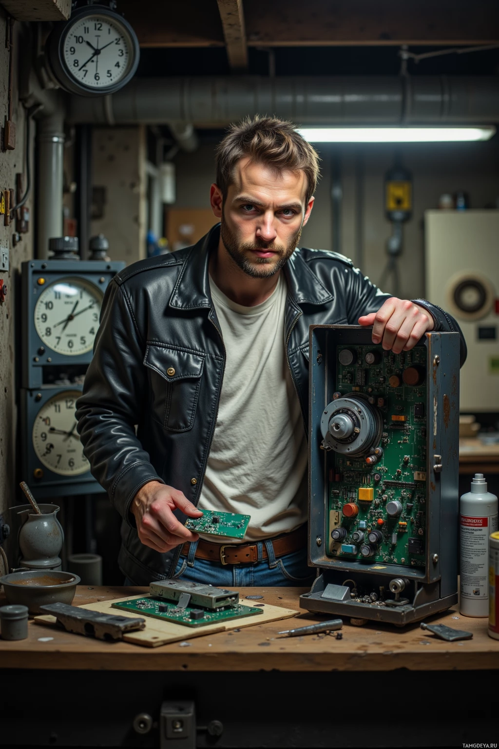 A man in a workshop holds a circuit board and an open electronic device.