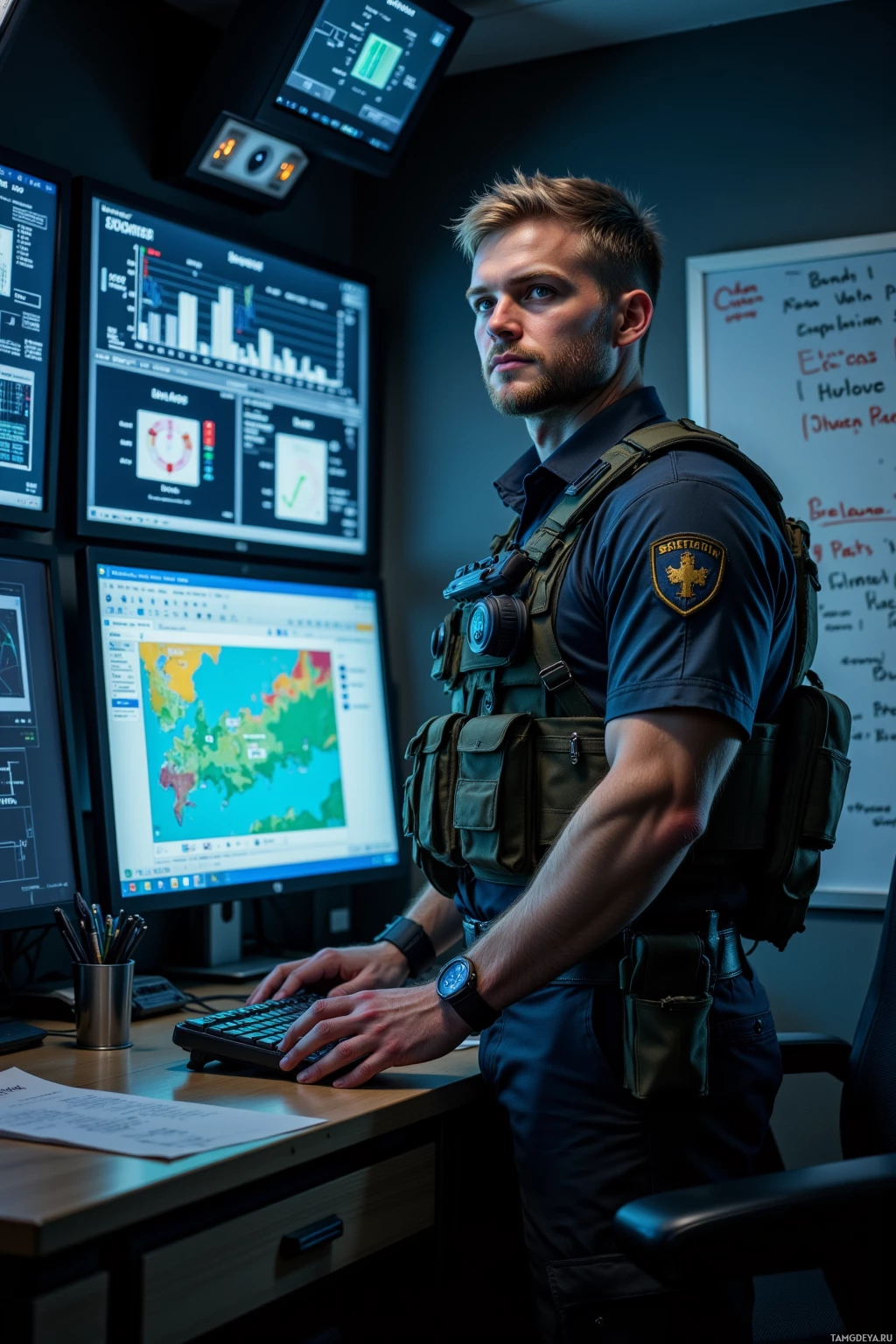 A person in a tactical uniform stands in a control room with multiple monitors displaying data.