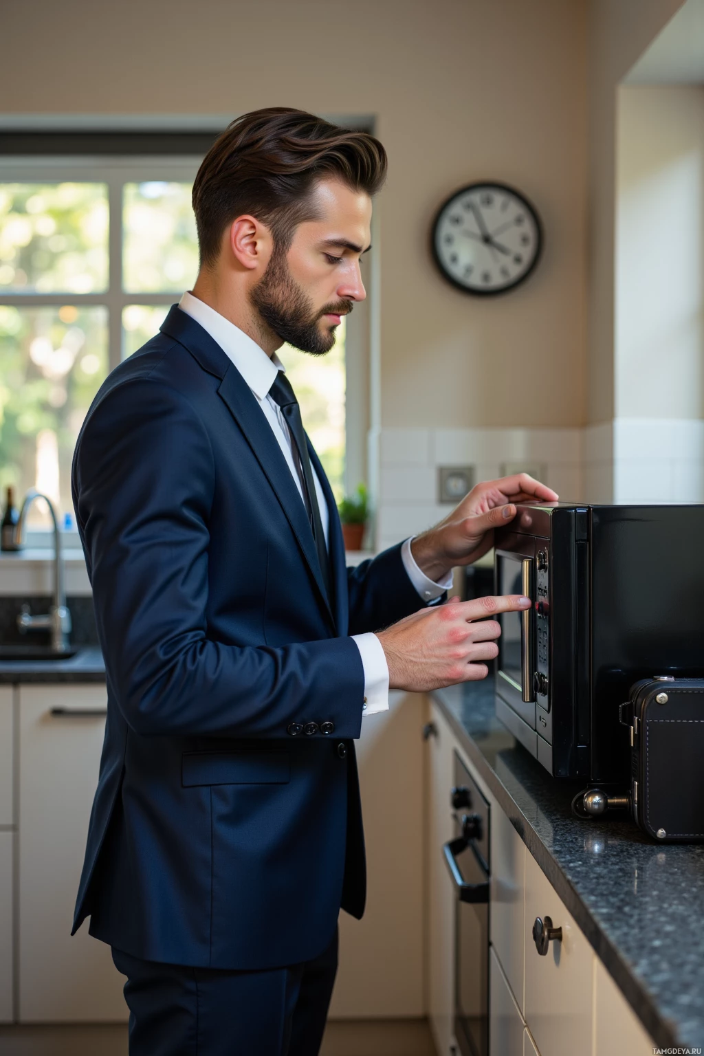 A man in a suit uses a microwave in a kitchen.